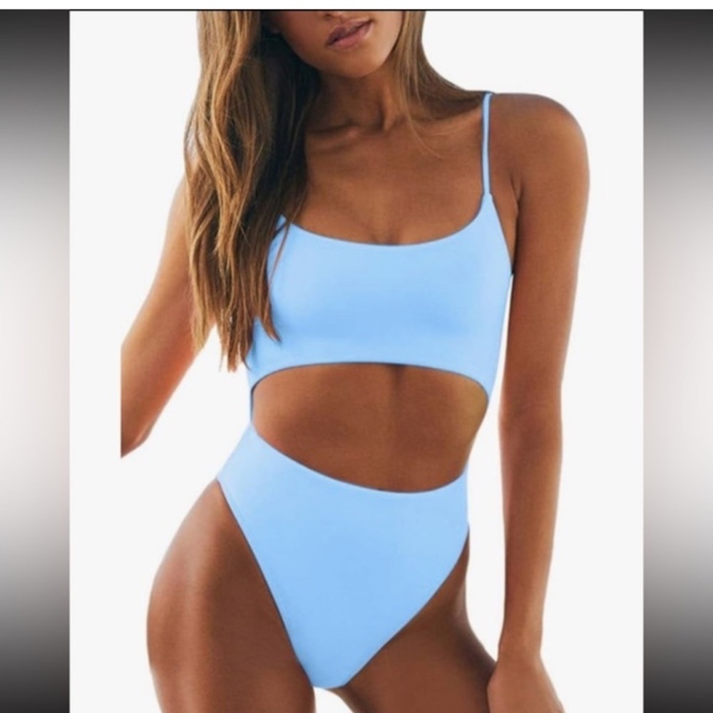 Light Blue Cutout One Piece Swimsuit Lace-Up Back | Adjustable Straps NWOT